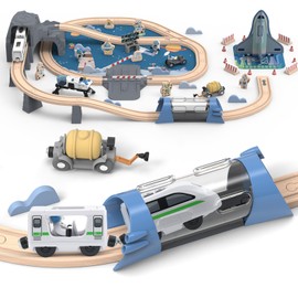 JugueteLand 82 Pcs Wooden Train Set for Toddlers, Toy Train with Track for Kids Ages 3-6, Compatiable with Major Brands, Space Railway Playset Gifts for Boys and Girls Ages 3+