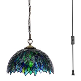 MQYXH Tiffany Plug in Pendant Lamp Multicolor Leafage Style Stained Glass Vintage Swag Light 12X12X180 Inch Hanging Lamps for Dining Room Living Room Office Bedroom or Porch