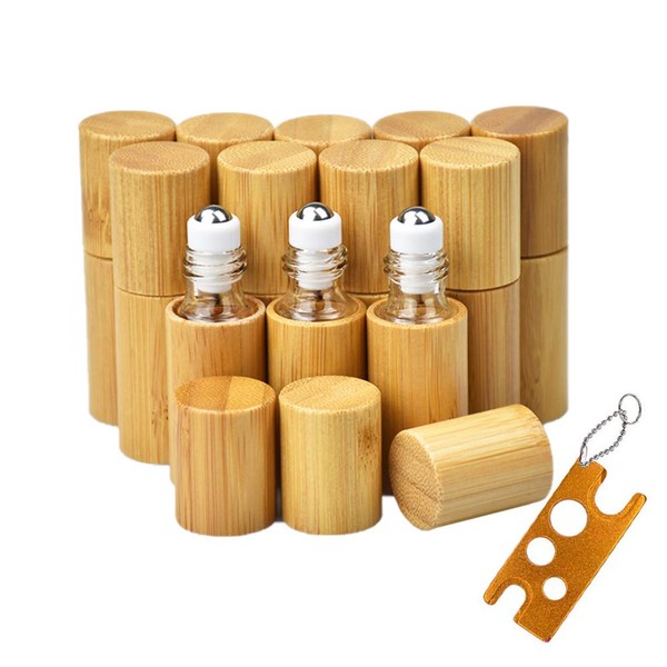 12Pcs 5ml Bamboo Roll on Bottles for Essential Oils, Portable Massage Oil Bottle Clear Inner with Stainless Steel Roller Ball, Eco-friendly Travel Perfumes Sample Lip Gloss Container (1 Opener)