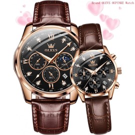 欧利时OLEVS Brand OLEVS Valentines Couple Pair Quartz Watches His and Her Couple Set Leather Chronograph Diamond Wrist Watch Men Women Lovers Wedding Romantic Gifts Set of 2 - Color: B: Brown leather strap & Blue dial