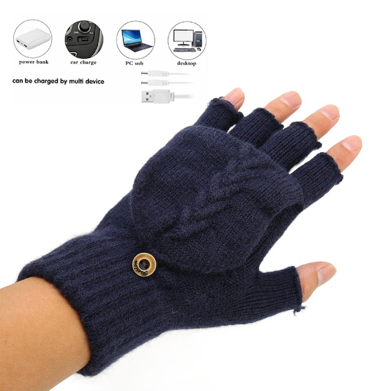 USB Warmer Heated Gloves Flip Half Fingerless Electronic Knitted Hand