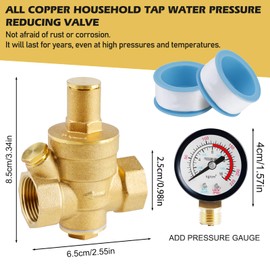 Pressure Regulator Water 3/4 Inch DN20, Brass Water Pressure Regulator with Pressure Gauge and Adjustment Tools, Adjustable Water Pressure Regulator, 1.6 MPA Pressure Regulator for Drinking Water,
