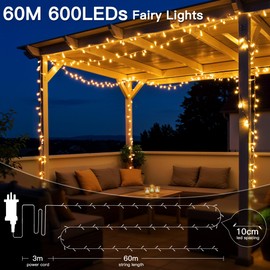 Hopexy Fairy Lights Plug in, 60m 600 LEDs Fairy Lights Mains Powered with Timer, Waterproof Warm White String Lights with Remote/8 Modes/Indoor Outdoor for Bedroom Patio Party Tree Decorations