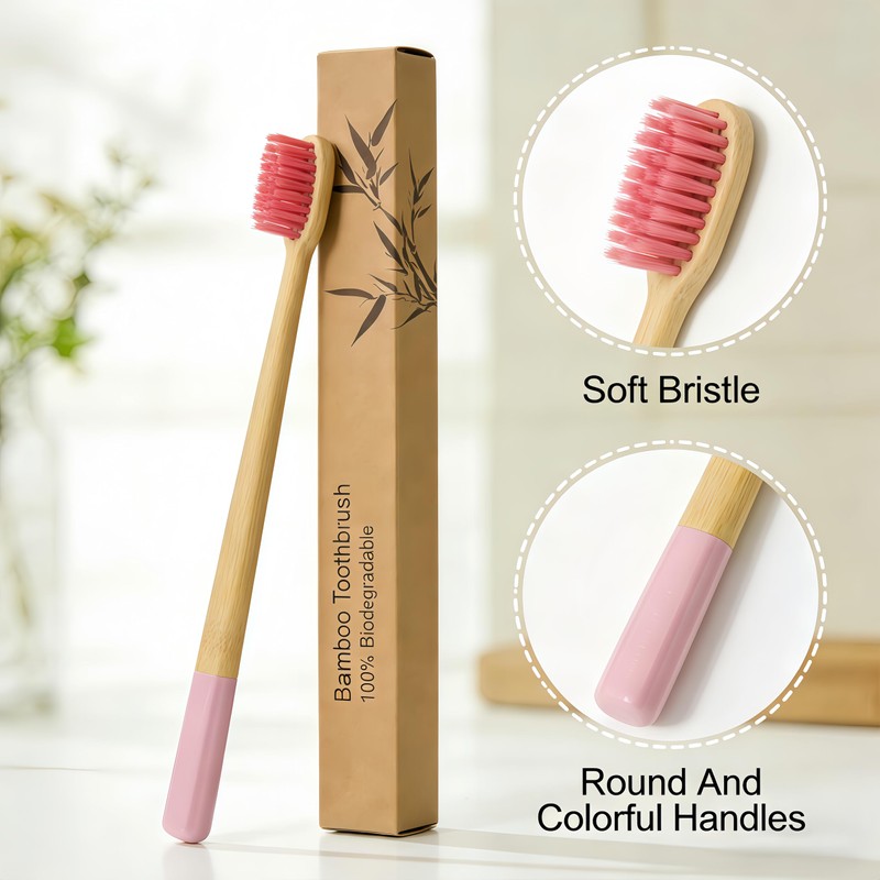 Gufiky Bamboo Toothbrushes Soft Bristles 6 Pack - Natural Wooden