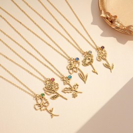 YeGieonr Necklace with Birth Flower, Stainless Steel Necklace Women's Gold, Waterproof Flower Golden Chain Women, Fashion Jewellery Chain Gifts, 40 cm, Stainless Steel, Cubic Zirconia