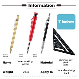 Carpenter's Square Multifunctional 180 mm Carpenter's Square Protractor Try Square with Deep Hole Marker / Pencil Leads / Grain Tool / Metal Pen / Carpenter's Pencil for Woodworking