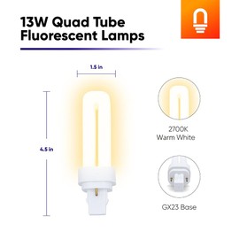 lumenivo 13 Watt Quad Tube Fluorescent Lamp with GX23-2, 2 Pin Base 2700k Warm White U Shaped Compact Fluorescent Bulbs 2 Pin - PLC 13w 2 Pin Double Tubes CFL with 810 Lumens Output - 4 Pack