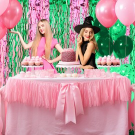 Oudain Pink and Green Party Decorations, 2 Pack Green Pink Theme Wavy Metallic Tinsel Foil Fringe Table Skirts for Rectangle and Round Table Birthday Party Witch Decorations