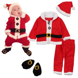 Qianderer Toddler Kids Boys Girls Christmas Outfits 4Pcs Coat Pants Hat Socks Children's Santa Baby Christmas Cosplay Costume (Ba Red 4pcs, 9-12 Months)