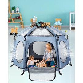 HOMGEN Durable Foldable Baby Playpen Indoor & Outdoor Playpen for Babies and Toddlers Sturdy Mesh Baby Playpen with Canopy Easy to Carry playpens for babies for HOME Travel Park Beach etc(144*103 CM)