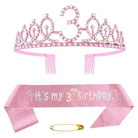 Ceqiny 3rd Birthday Sash and Tiara Crown Pink Crystal Birthday Crown Set Pink Birthday Crown Sash Decoration Birthday Crown for Girls Women Birthday Party Accessories Birthday Decoration 3