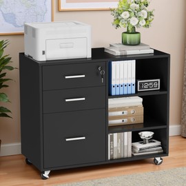 Furmax 3 Drawer Mobile File Cabinet, Wood Lateral Filing Cabinet with 4 Wheels & Adjustable Shelves, Printer Stand Storage Organizer for Office Home