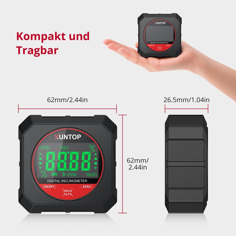 XUNTOP Inclinometer Digital Protractor Inclinometer Measuring Range 4 x 90°,