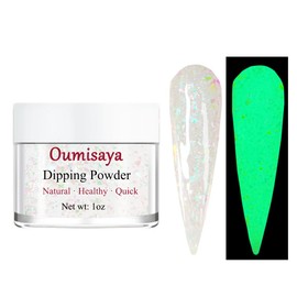 OUMISAYA Glow in the dark Holographic Nail Clear Dip Powder Colors 1OZ Pefect Top Coat Powder with opal foils for black nails art