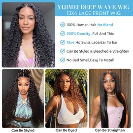 Deep Wave Lace Front Wigs Human Hair 13x4 Hd Transparent Full Frontal Deep Curly Wig 200% Density Pre Plucked With Baby Hair Glueless Wigs For Balck Women (natural black-13x4 deep wave, 24 inch)