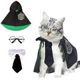 ANIAC - Juego de 3 piezas de disfraz de perro de Halloween con capa de mago y corbata, disfraz de Halloween para cachorros, academia, mago, cosplay para gatito, gatos pequeños (negro + verde, L)