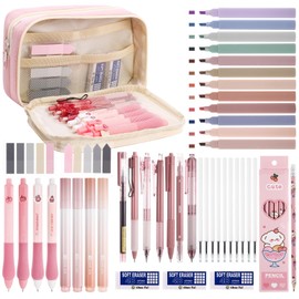49Pcs Aesthetic Stationery Supplies with Pink Pen Case,16 Pastel Highlighters,6 Pencils and 11 Black Gel Pens,3 Erasers and 2 Sticky Notes Stationery Set for Students School Supplies