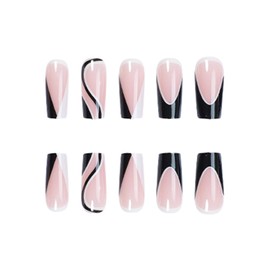 SINHOT Square Press on Nails Medium Fake Nails Glossy Glue on Nails Black White Swirl Acrylic Nails Squoval Artificial Nails French Tip Stick on False Nails with Design 24pcs