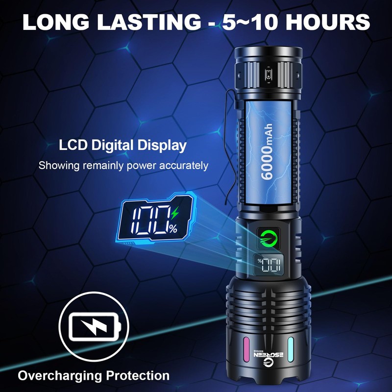 Esgreen Rechargeable Flashlights High Lumens 2000 Single 2 Modes, Super