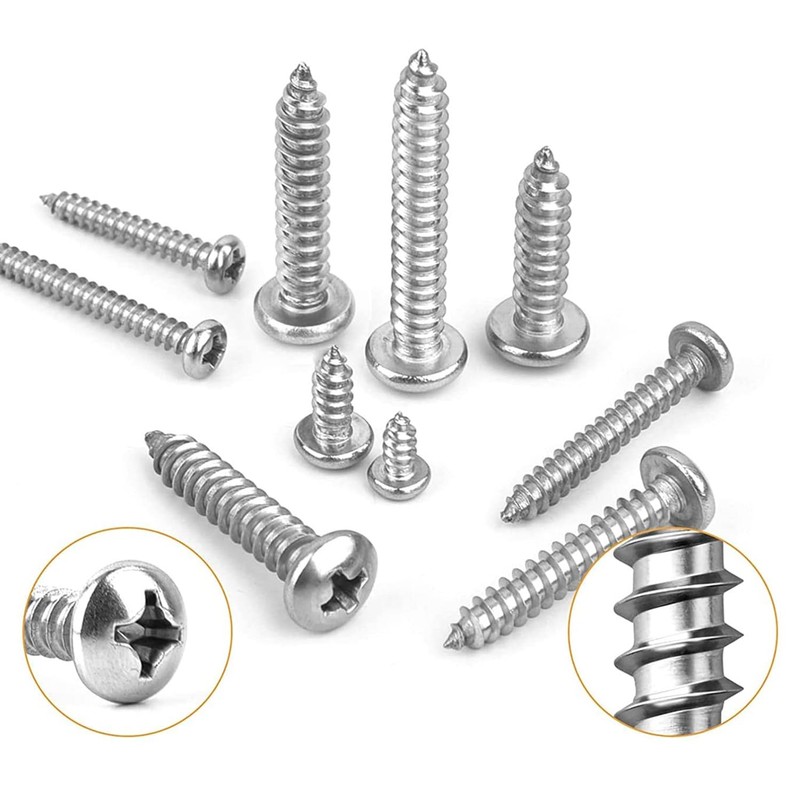 200PCS Self-Tapping Screws,304 Stainless Steel Round Head Tapping Screws,Full Threaded