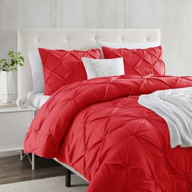 Red Duvet Cover King Size 3 Piece Pintuck Comforter Cover - 1 Duvet Cover 104x90 Button Closure with 2 Pillow Shams - Ultra Soft Microfiber Bedding Pinch Pleated King Duvet Cover Set