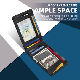 Slim Minimalist RFID Blocking Front Pocket Bifold Wallets for Men with Money Clip Inside | 12 Credit Card Holder Slots | ID Card Holder with Detachable Clip | Travel Friendly | Gifts For Him Her