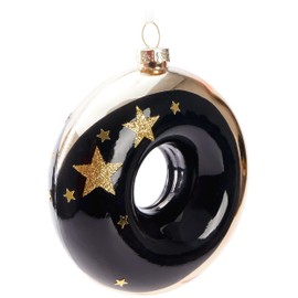 BRUBAKER Premium Christmas Bauble Donut - Stars Gold and Black - 10 cm Glass Tree Bauble - Hand-Painted Christmas Tree Decoration Pendant - Luxury Christmas Decoration Christmas Tree Bauble