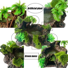 Reptile Feeding Bowl Resin Turtle Food Water Dish Terrarium Tank Decor with Artificial Plants for Lizard Gecko Chameleon Frog Spider