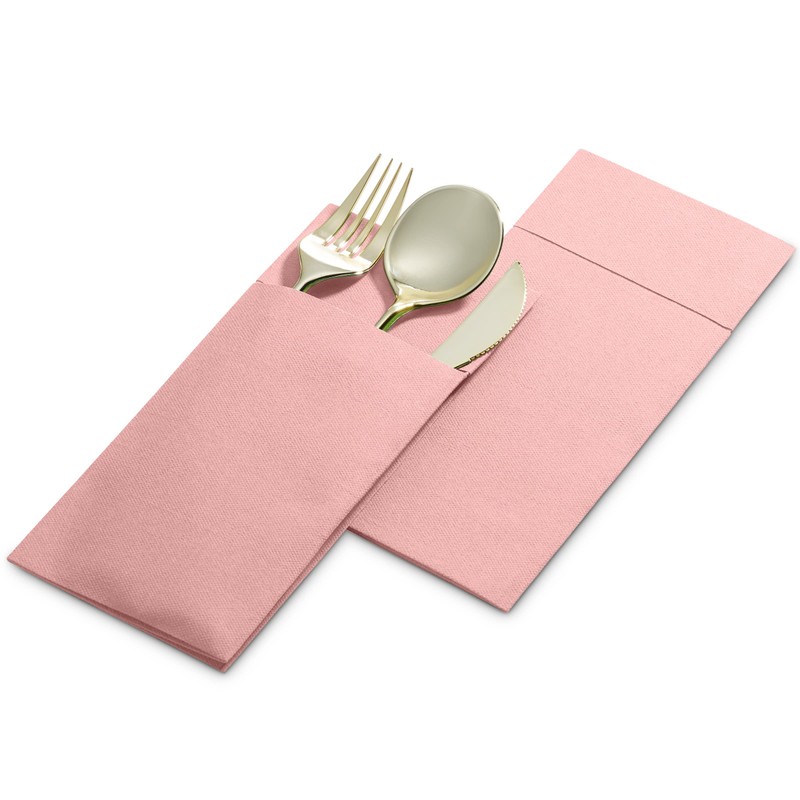 50-Pack Disposable Linen-Feel Dinner Napkins with Built-in Flatware Pocket, PINK