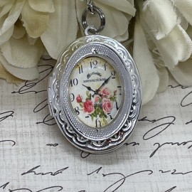 Fancy Fox Boutique Silver Clock Pink Roses Victorian Mauve Locket Necklace Pendant Wedding Mother