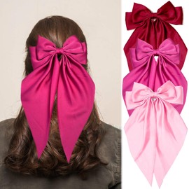 Dark Red Fuchsia Pink Hair Bows for Women Girls, Oversized Large Coquette Bow Aesthetic Hair, Silky Satin Long Tail Bowknot Hair Ribbons Big Bow Clip Accessories Trendy Stuff