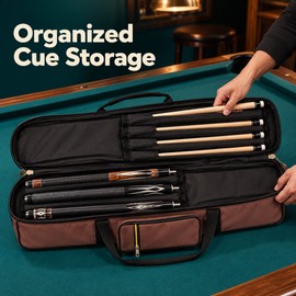 3x4 Soft Pool Cue Case for 1/2 Snooker Cues, Oxford Cloth Billiard Stick Bag with Accessory Pocket and Carry Handle, Brown