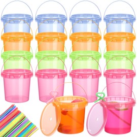 Funnymoom 16 Pack 32 oz Plastic Rum Buckets for Drinks with 100 Straws Ice Cream Cocktail Bucket with Lids and Handles for Parties Reusable Food Containers Cup for Summer Beach Bar Beer (Muticolor)