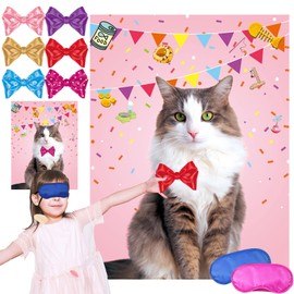 Cute Cat Party Game Pin The Bow On The Cat, 24pack Bow Stickers Cat Theme Party Supplies For Kids Girls Boys Play Cute Cat Poster Background Birthday Wall Decorations Outdoor Indoor Activity Party Games