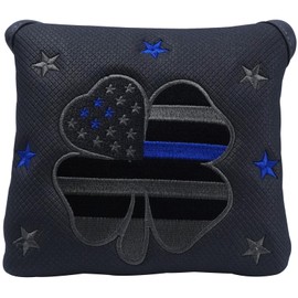 Kimpengofu Shamrock Golf Club Mallet Putter Cover Magnetic Closure Synthetic PU Leather with Embroidery Lucky Clover Stripes and Stars Pattern Design (Gray)