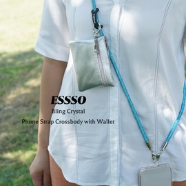 ESSSO Clip and Go Strap for Phone with Wallet Crossbody – Bling Crystal Phone Strap Crossbody with Pouch for All Phones, Redefining Phone Lanyard Crossbody Fashion for Hands-Free Style (Light Blue)