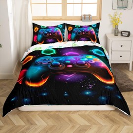 Homewish Gaming Single Bedding Sets 2 Pieces, Reversible Colorful Gamer Gamepad Kids Duvet Cover Set for Boys Girls Teens, Neon Rainbow Honeycomb Print Quilt Cover, Galaxy Bed Set, Microfibre
