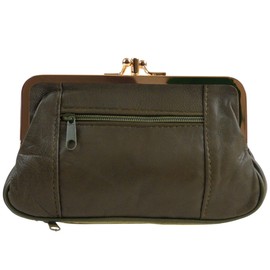 Oakridge Leather Ladies Double Clasp Coin Purse with Space for Credit Card - Olive Green