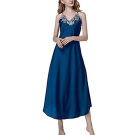 ASHER FASHION - Camisones largos de satén para mujer, de seda, clásico, de encaje, para dormir, marino, US Large