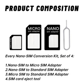 FirSea 2 Sets SIM Card Adapter Kit Includes Nano Sim Adapter/Micro Sim Adapter/Needle/Storage Sheet Standard 4 in 1 Converter Kit with Steel Tray Eject Pin（Black+White）