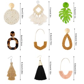 Hazms 9 Pairs Rattan Earrings Tassel Earrings for Women Lightweight Acrylic Geometric Statement Woven Earring Handmade Straw Wicker Braid Hoop Drop Dangle Earrings