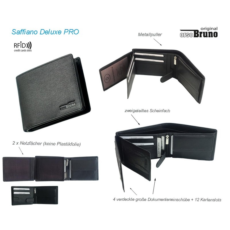 orso Bruno original Men's Wallet Black Leather RFID Men's Wallet