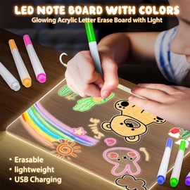 LED Note Board with 7 Colors Pen LED Light Up Writing Message Board Acrylic Drawing Dry Erase Board, 30x20cm Illuminated Doodle Desktop Memo Glow Wordpad with Stand for Kids School Cafe Home Office
