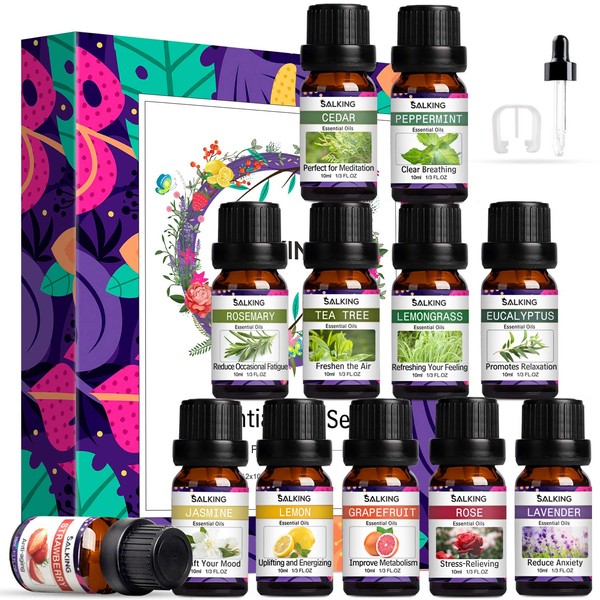 SALKING Essential Oils Set,12 x 10ML 100% Pure Aromatherapy Scented Oils for Diffuser - Lavender,Rose, Jasmine,Tea Tree,Eucalyptus,Lemongrass,Rosemary,Peppermint,Cedar,Lemon,Grapefruit,Strawberry