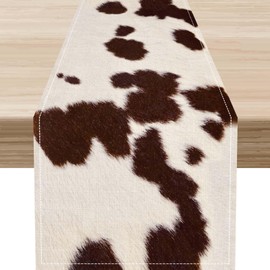 Camino de mesa con estampado de vaca, piel vacuna de color café rústico occidental, piel vacuna, estampado de granja, centro de mesa para el hogar, cocina, comedor, fiesta, patio, decoración de mesa