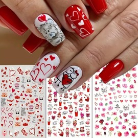 6 Sheets Valentine's Day Nail Art Stickers 3D Self-Adhesive Red Rose Gnomes Designs Nail Decals Romantic Love Heart Bear Valentine's Day Nail Art Decorations Supplies for Women DIY Manicure