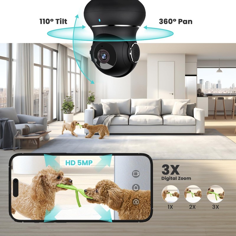 Little elf Camera, 5GHz/5MP Pet Camera with 360° Motion Tracking,