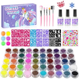 Tatuajes Temporales Glitter Kids,50 Colores Glitter Y 6 Colores Fluores,178 Plantillas,2 Pegatinas De Diamante,3 Pegamento, 5 Pinceles, Kit De Glitter Artes Adultos Y Niños, M