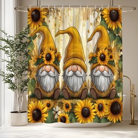 Gnomes Shower Curtain Fall Rustic Sunflowers Autumn Thanksgiving Day Harvest Orange Yellow Plants Green Leaves Farmhouse Watercolor Leaf Nature Scene Decor Curtain 70" Wx70 H Polyester Fabric