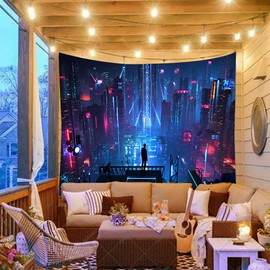 Aidatain Punk Cityscape Tapestry Skyscrapers Skyline 3D Urben Building Neon Lights Night Wall Hanging Tapestries Flannel Large Size 80" 60" for Bedroom Living Room GTWHAT102